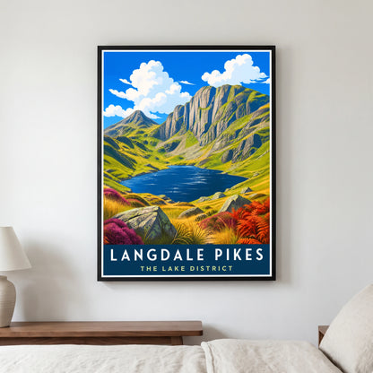 Langdale Pikes travel poster in a black frame, hanging in a bedroom3