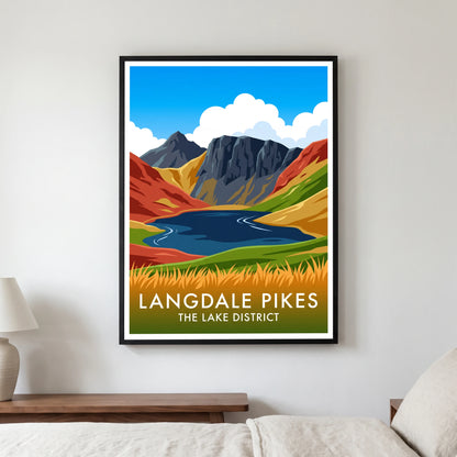 Langdale Pikes travel poster in a black frame, hanging in a bedroom3