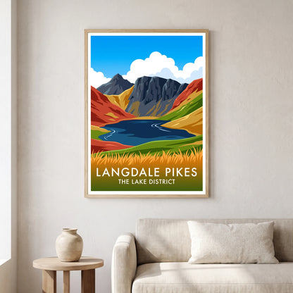 Langdale Pikes travel poster in a natural frame, hanging in a living