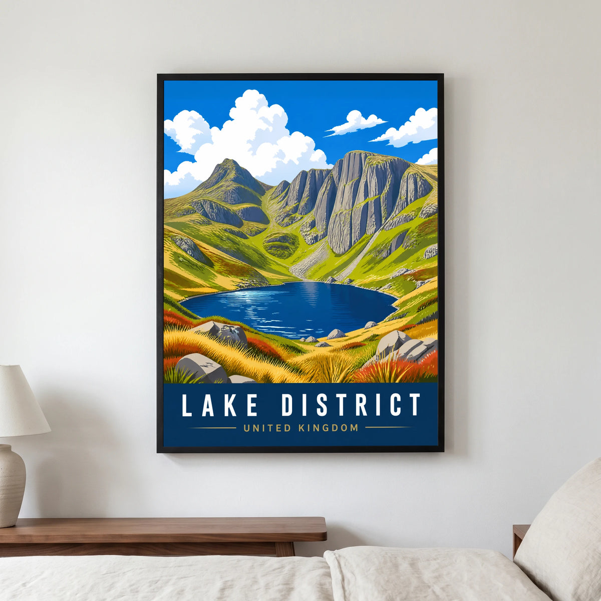 Langdale Pikes travel poster in a black frame, hanging in a bedroom3