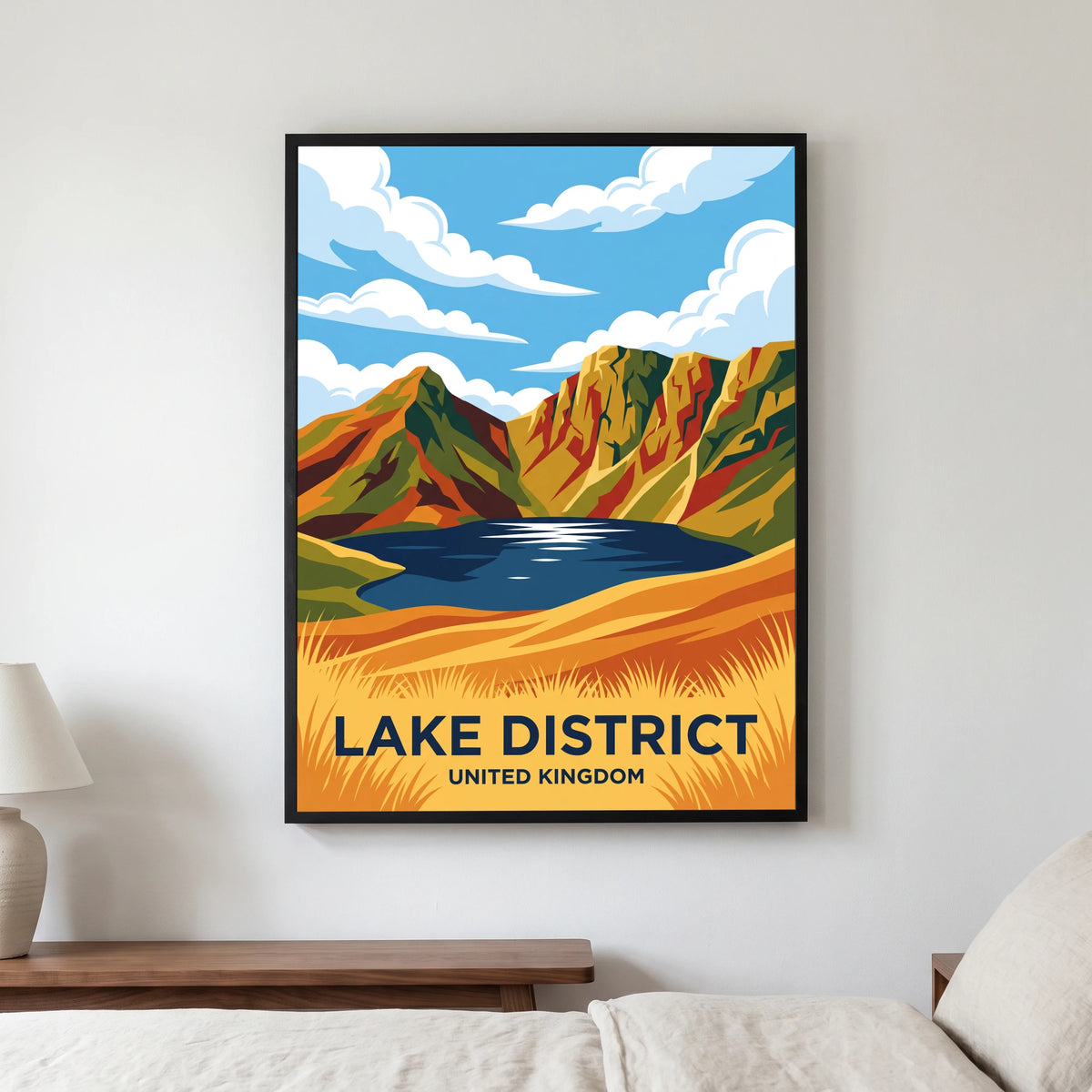 Langdale Pikes travel poster in a black frame, hanging in a bedroom3
