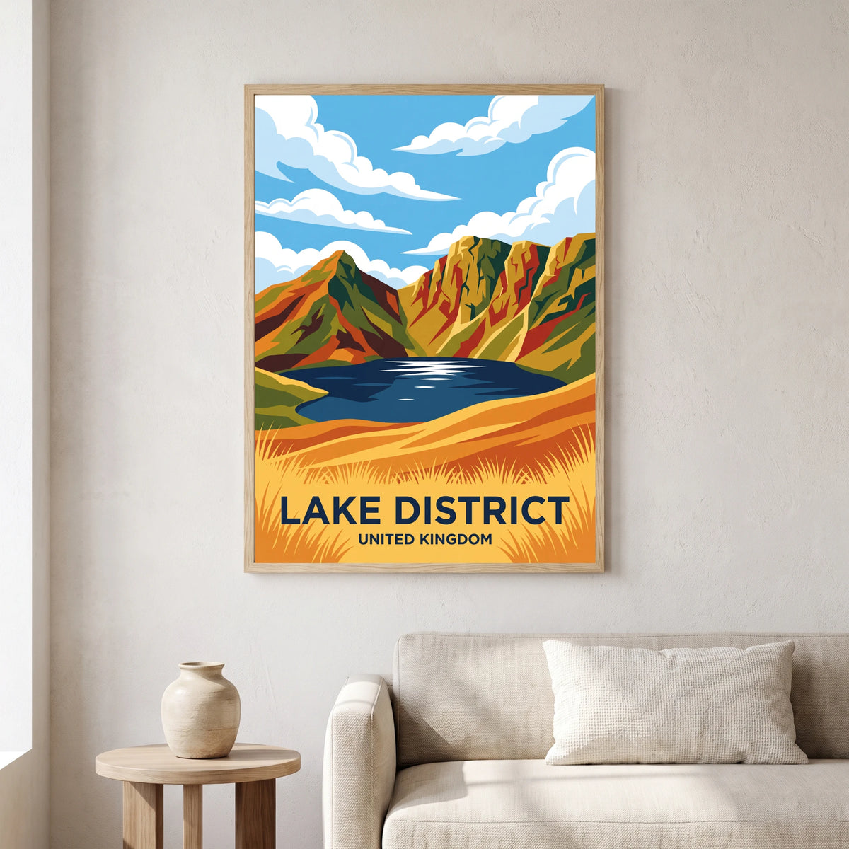 Langdale Pikes travel poster in a natural frame, hanging in a living