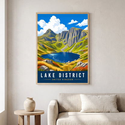 Langdale Pikes travel poster in a natural frame, hanging in a living