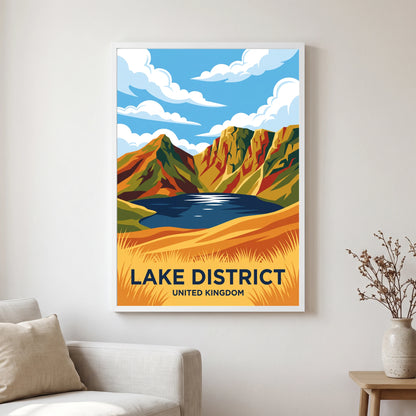 Langdale Pikes travel poster in a white frame, hanging in a living2