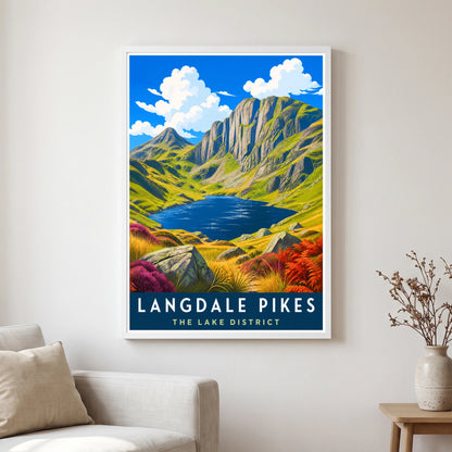 Langdale Pikes travel poster in a white frame, hanging in a living2