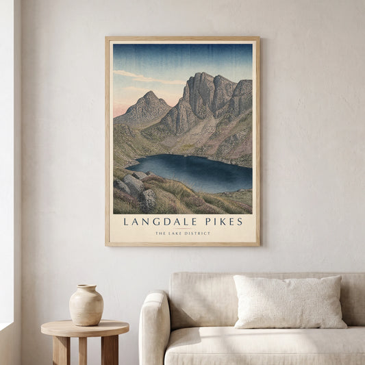 Langdale Pikes travel poster in a natural frame, hanging in a living