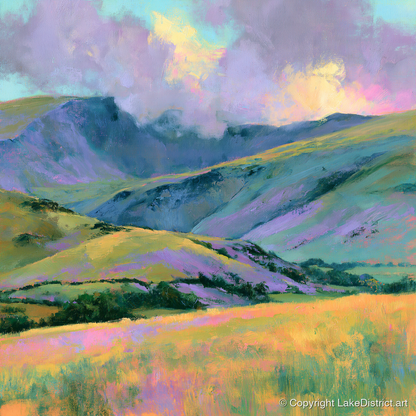 Lavender and Gold Rolling Fells - lake district fell art print and canvas by Desmond Fairfax A.I