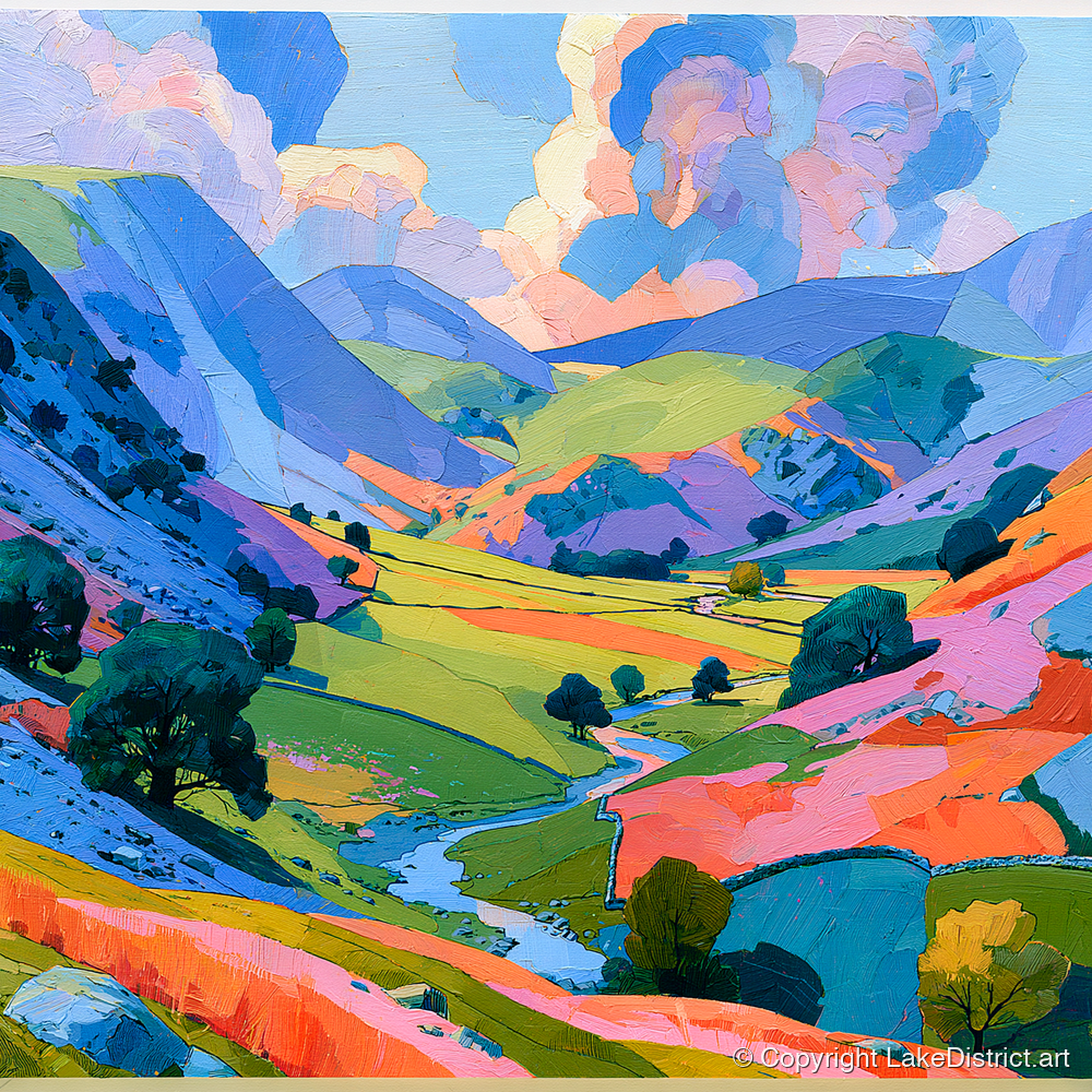 Lavender Fells and Valley Beck - lake district valley art print and canvas by Sylvia Carmichael A.I