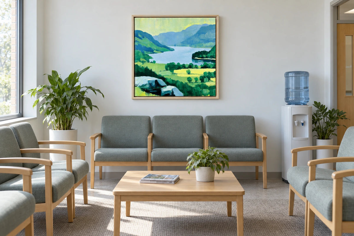 A framed Ullswater painting hanging in gp surgery