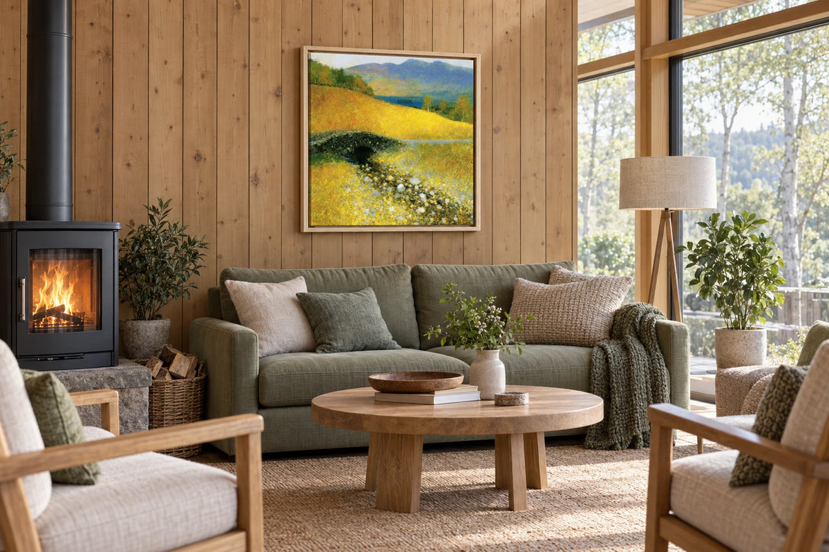 A framed Ashness Bridge painting hanging in holiday park reception