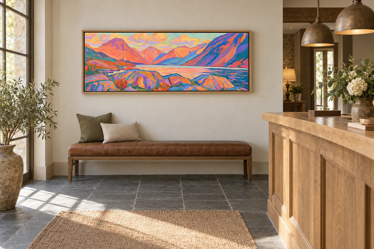 A framed Wast Water painting hanging in hotel reception
