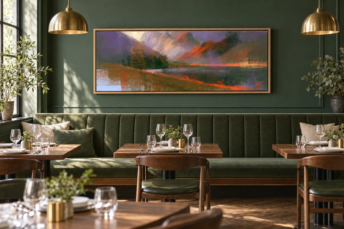 A framed Blea Tarn painting hanging in restaurant