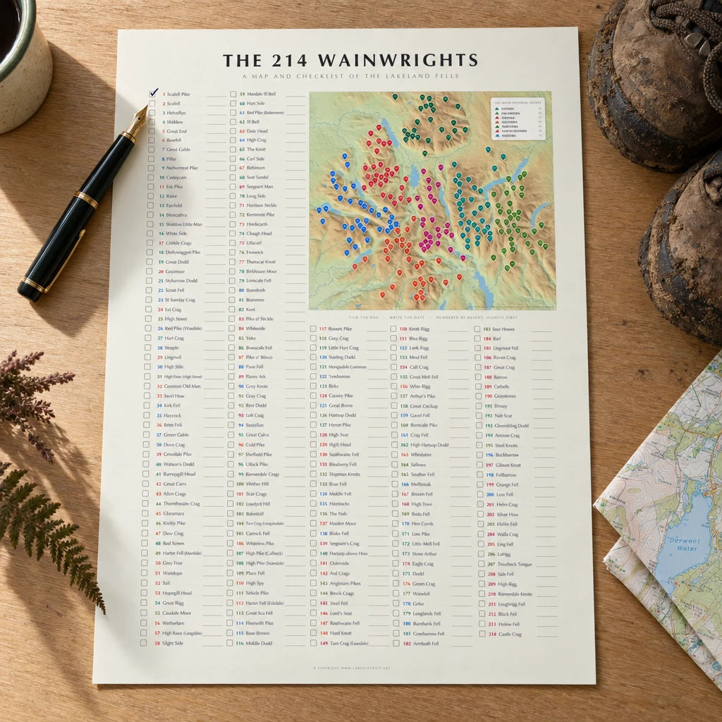 The 214 Wainwrights checklist poster with the first fell ticked in ink