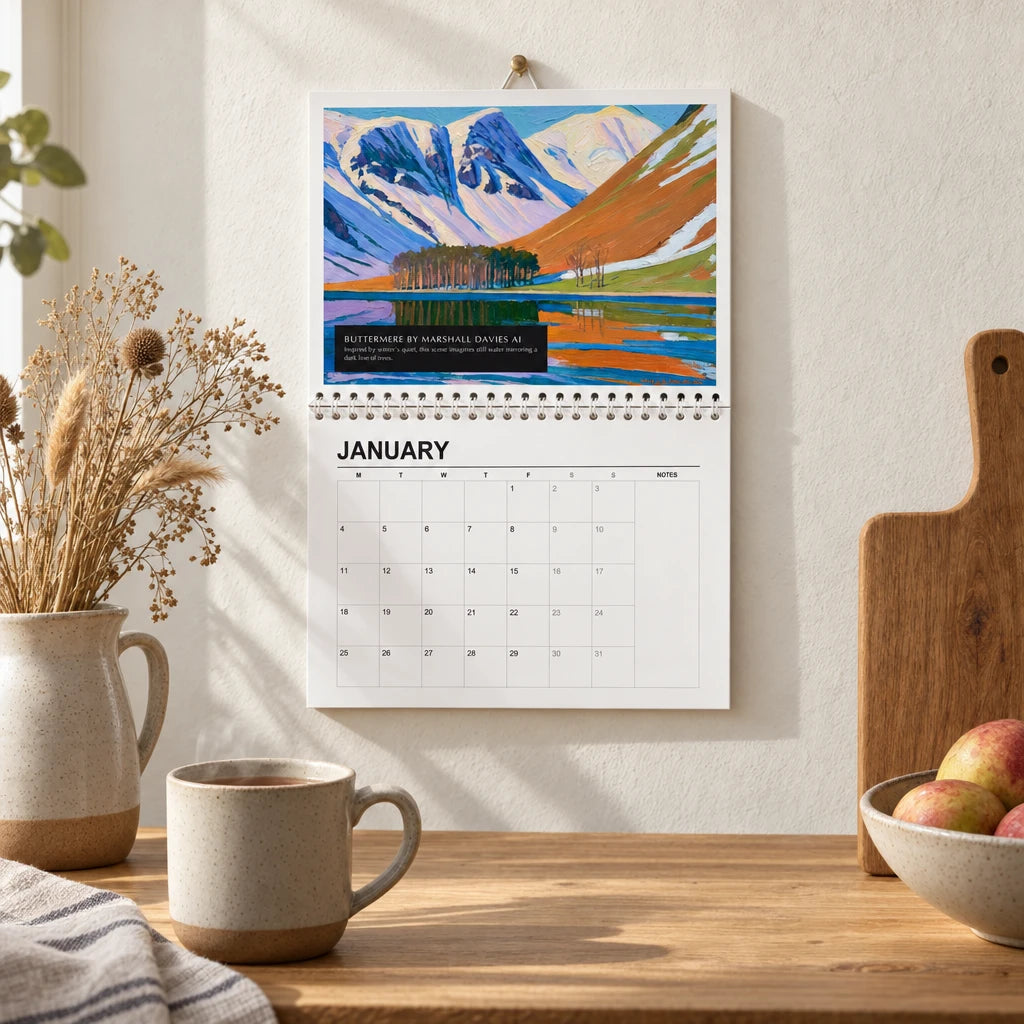 Buttermere 2027 wall calendar hanging open in a kitchen beside a mug of tea
