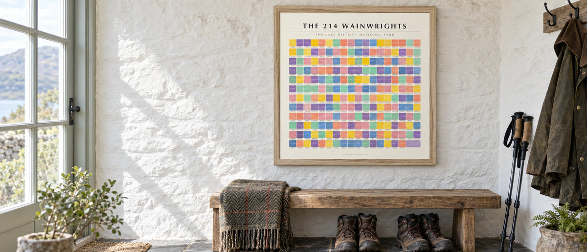The 214 Wainwrights grid chart poster in a natural oak frame in a whitewashed Lakeland porch with walking boots and poles