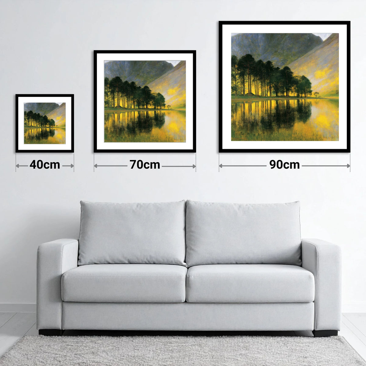 Lake District print shown at 40cm, 70cm and 90cm to scale above a three-seater sofa