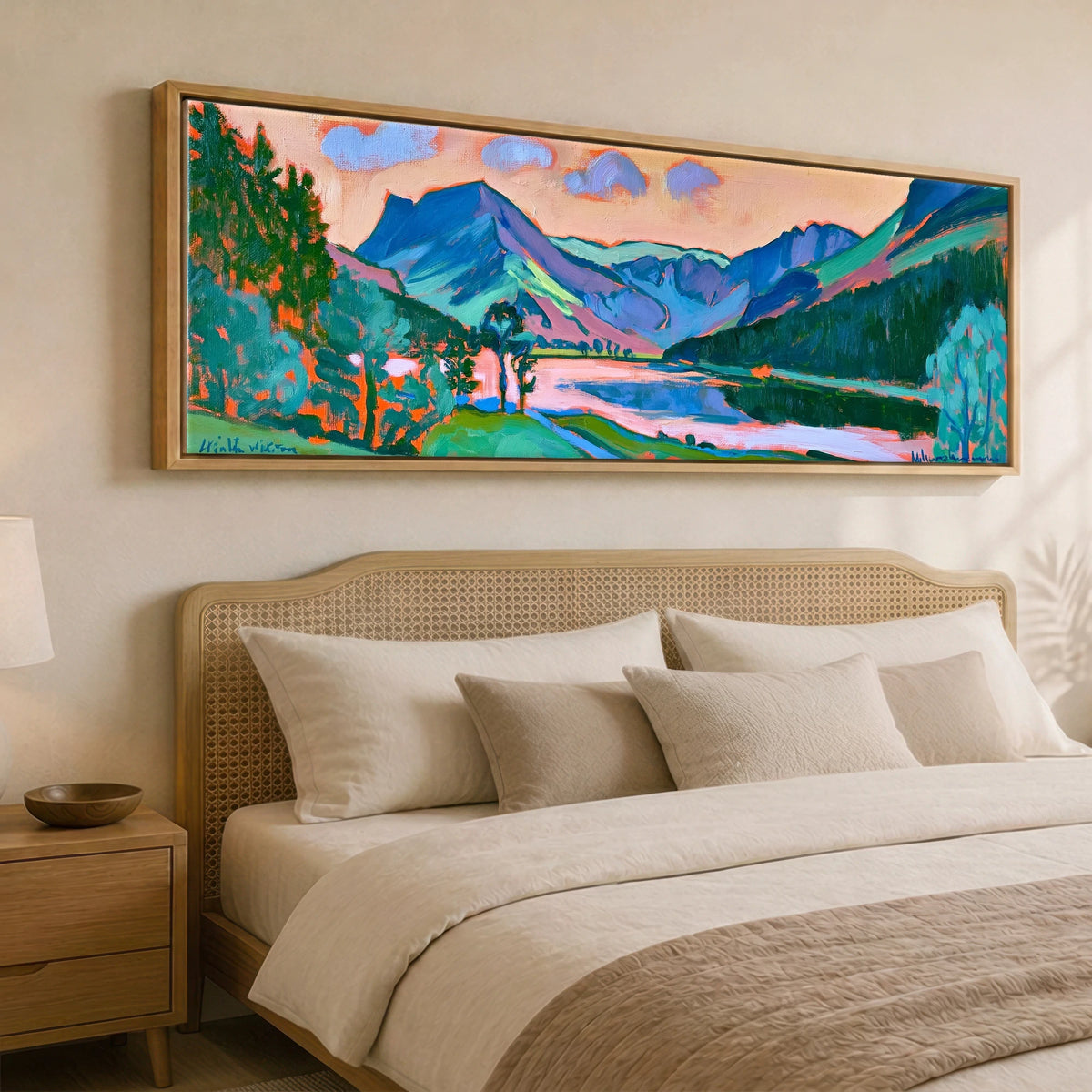 Panoramic Lake District canvas 91cm wide above a bed