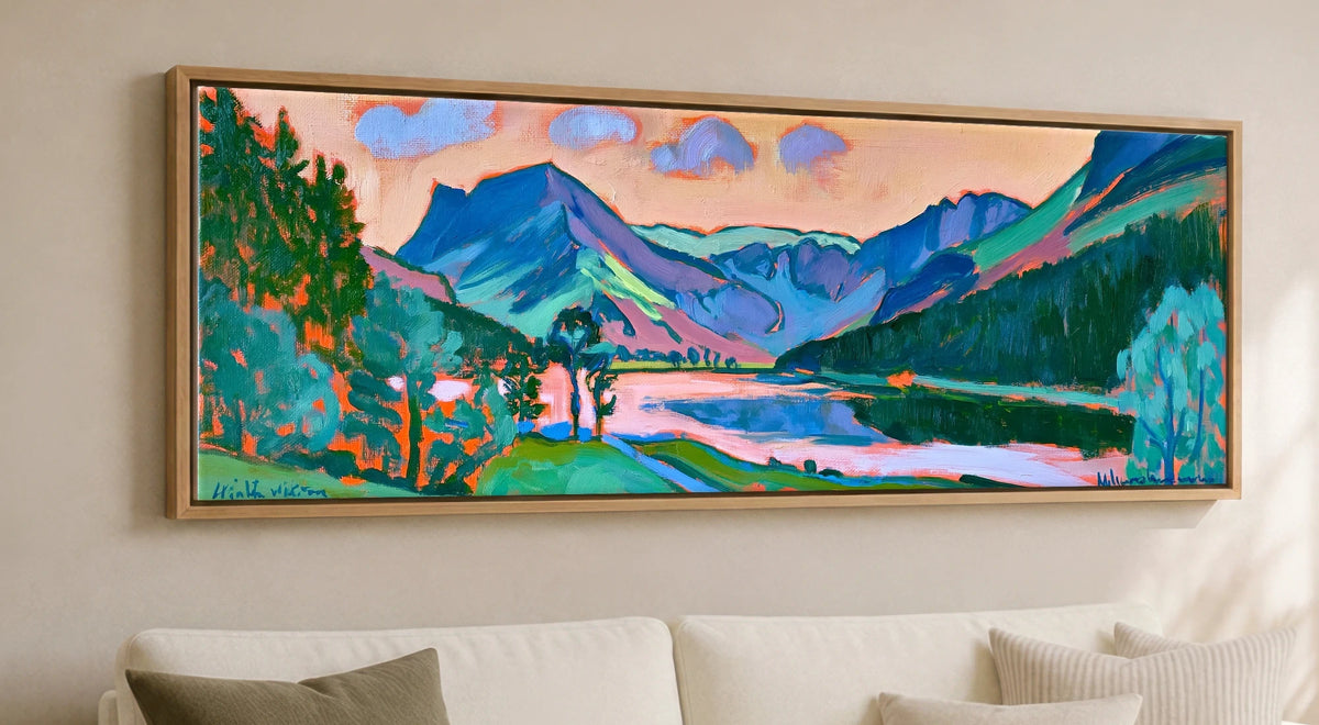 Large panoramic Lake District canvas, 152cm wide, float framed in oak above a sofa