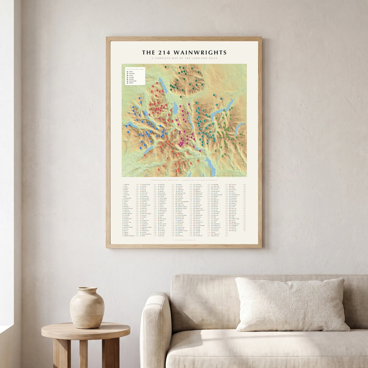 The 214 Wainwrights terrain map poster in a natural wood frame