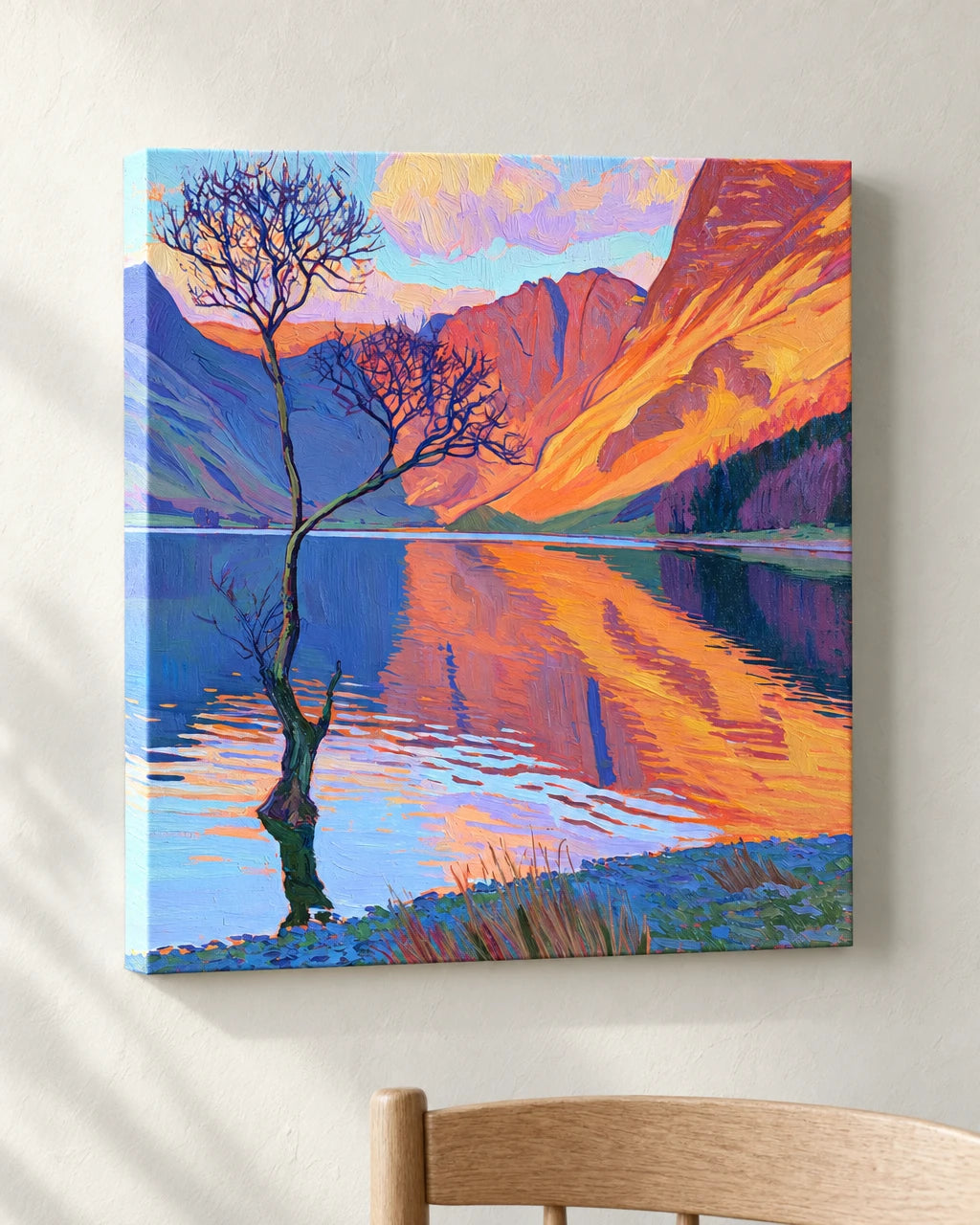Vibrant Lone Tree at Buttermere — 70cm stretched canvas print, gallery-wrapped edge, on a plaster wall