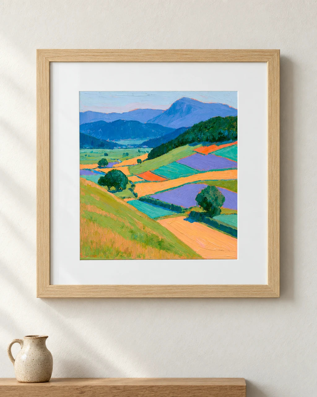Violet and Ochre Dale Fields — 70cm framed print, natural oak frame with white mount