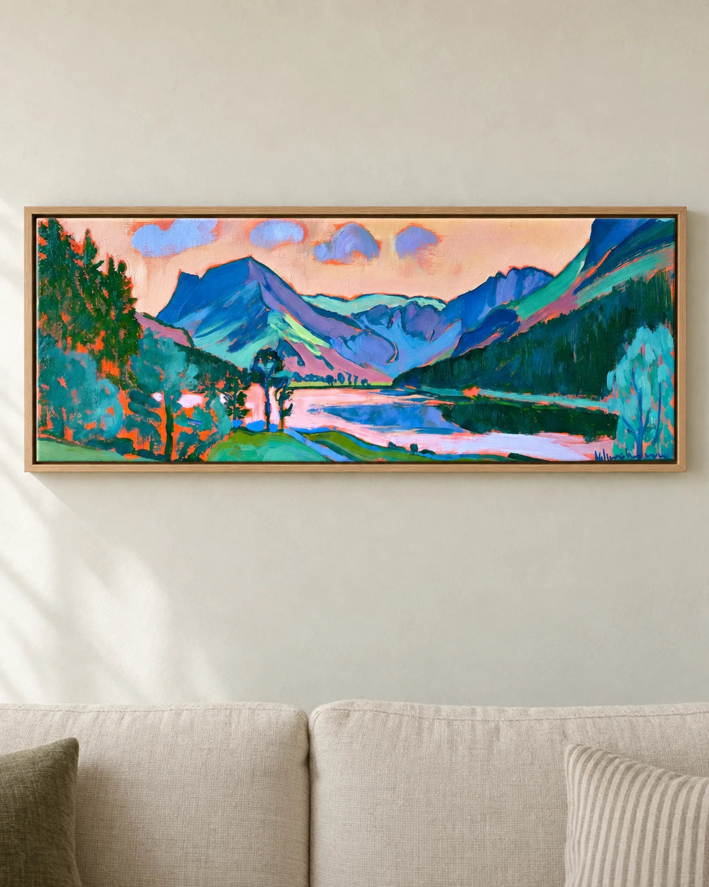 Vibrant Sunset Glow over Buttermere — 152cm float-framed panoramic canvas in natural oak