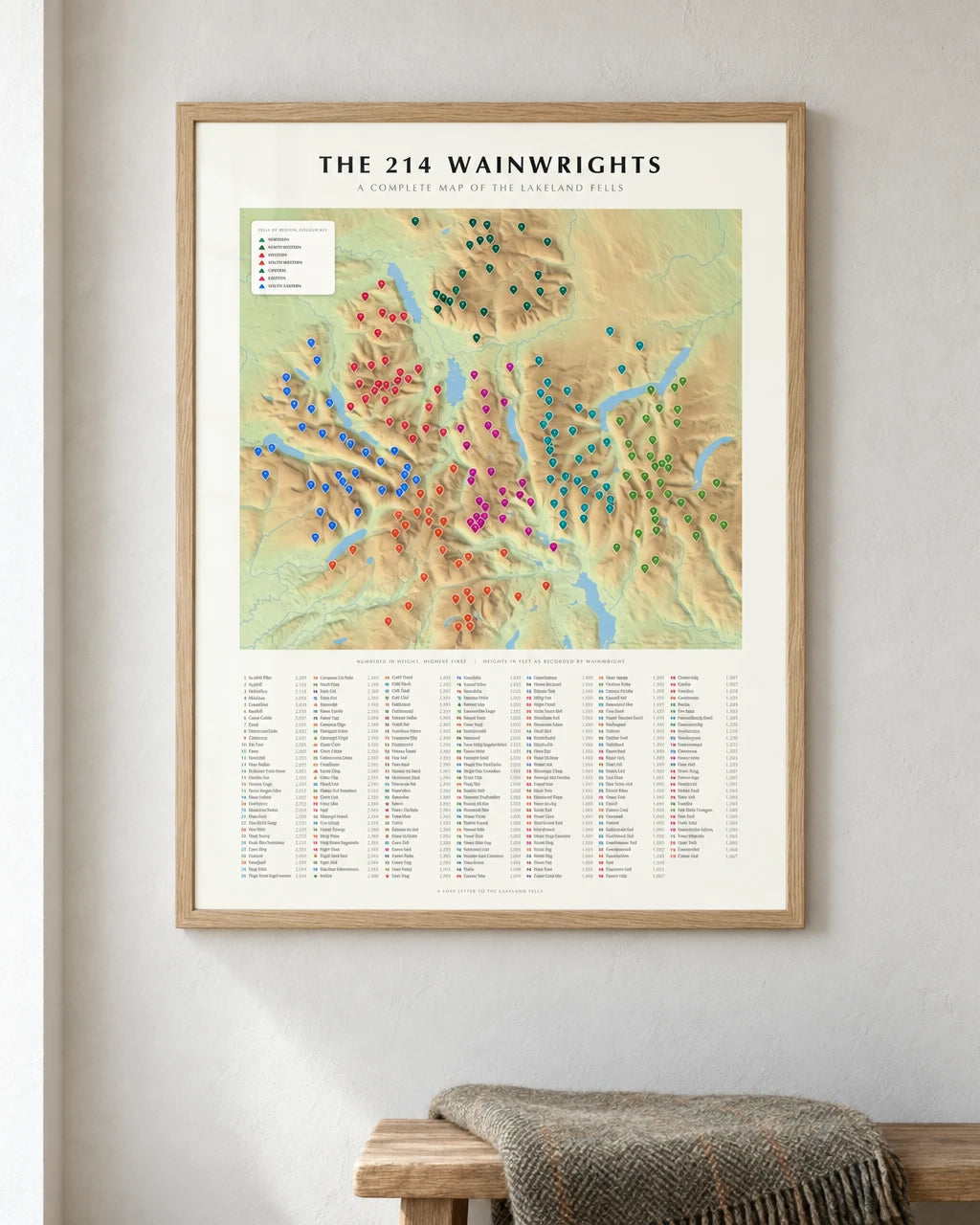 The 214 Wainwrights terrain map poster in a natural oak frame above a bench