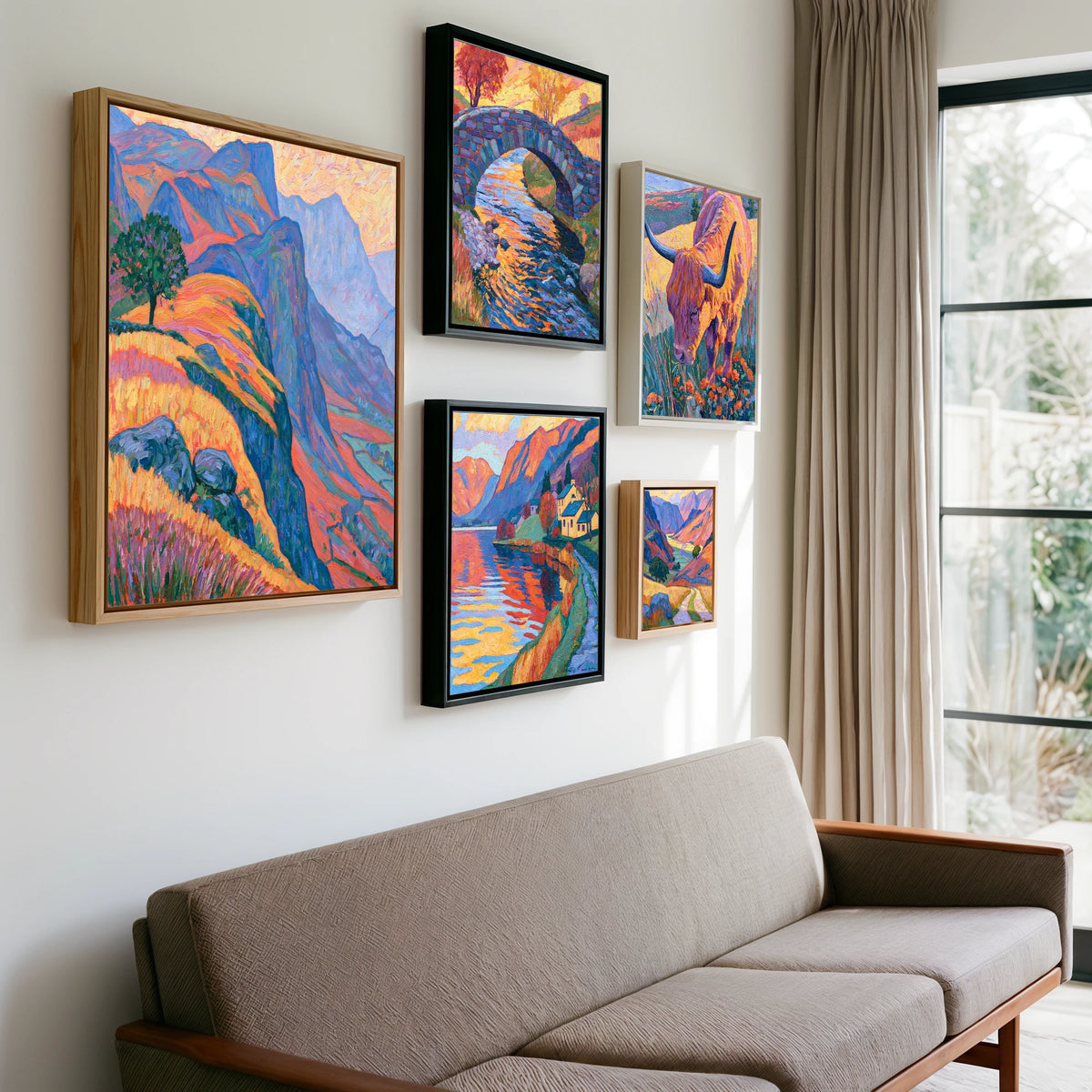 Five Prismatic Impasto paintings by Celia Harding hung together on one wall