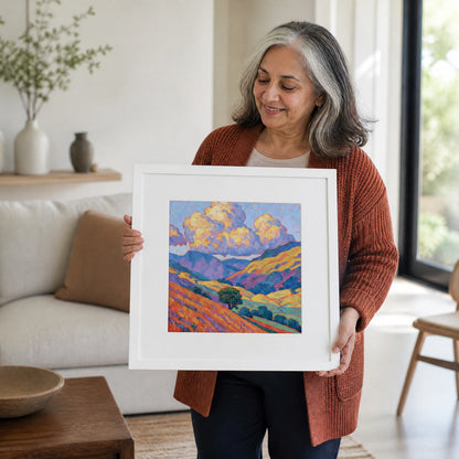 Golden Fellside with Violet Shadows — Framed Print · White · 40cm shown in a home interior