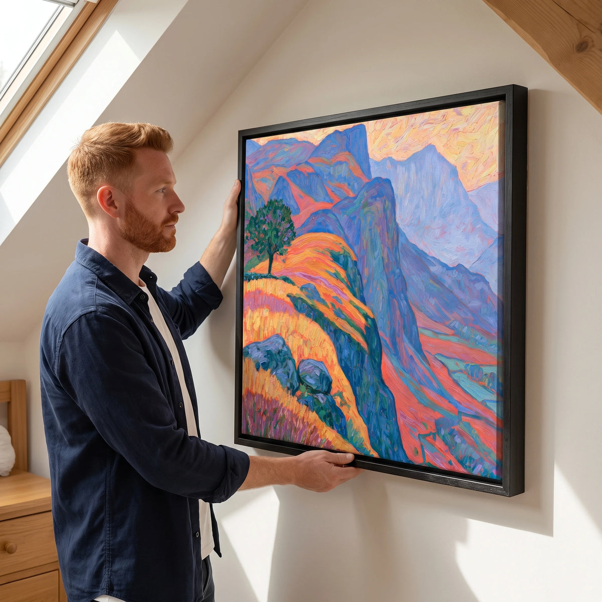 Lone Tree on Misty Mountain Ridge — Framed Canvas · Black · 70cm shown in a home interior