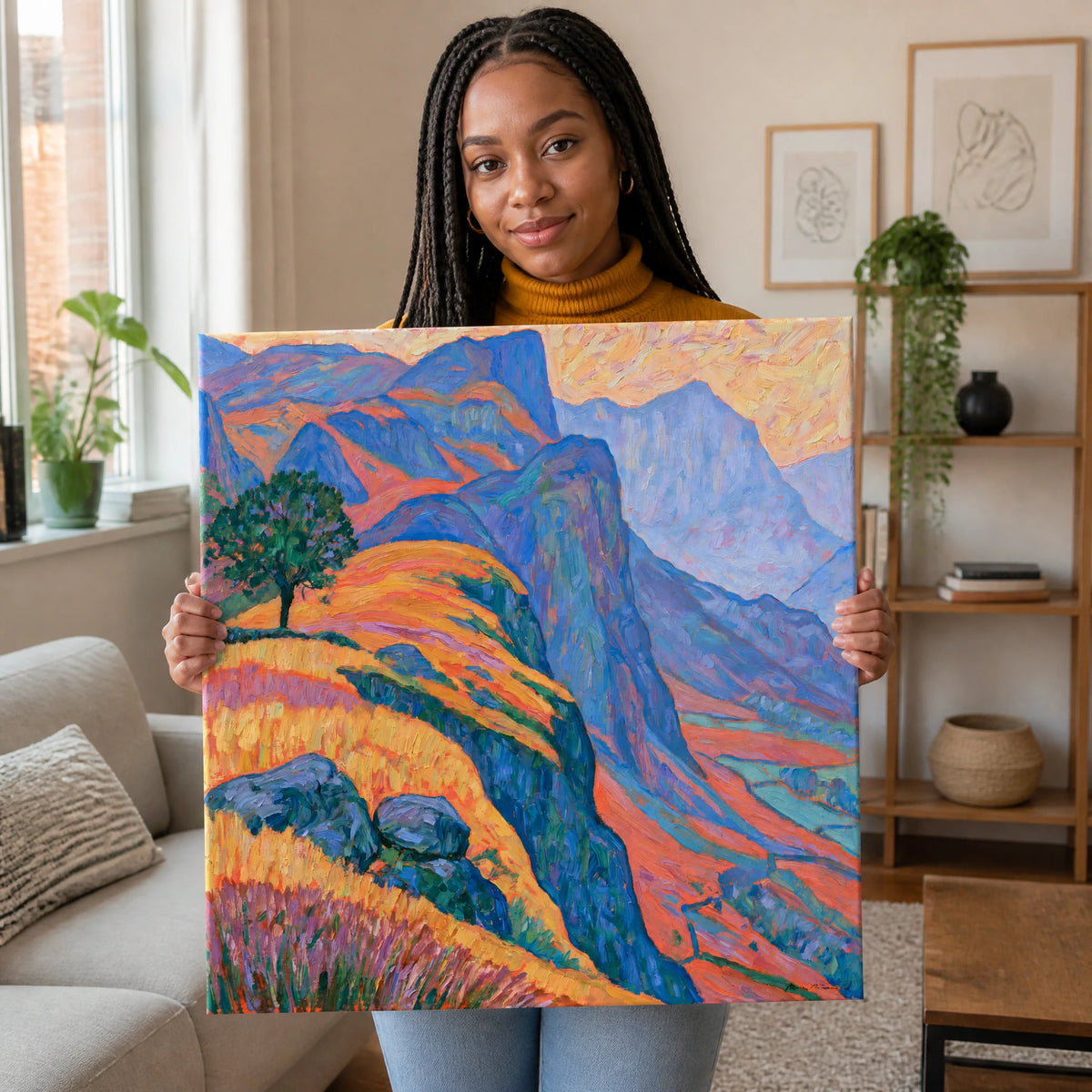 Lone Tree on Misty Mountain Ridge — Canvas (unframed) · 90cm shown in a home interior