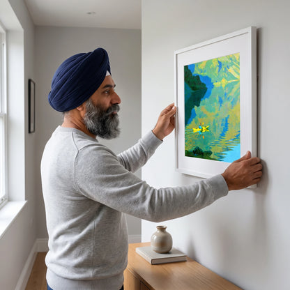 Yellow Kayak on Reflecting Fells — Framed Print · White · 40cm shown in a home interior