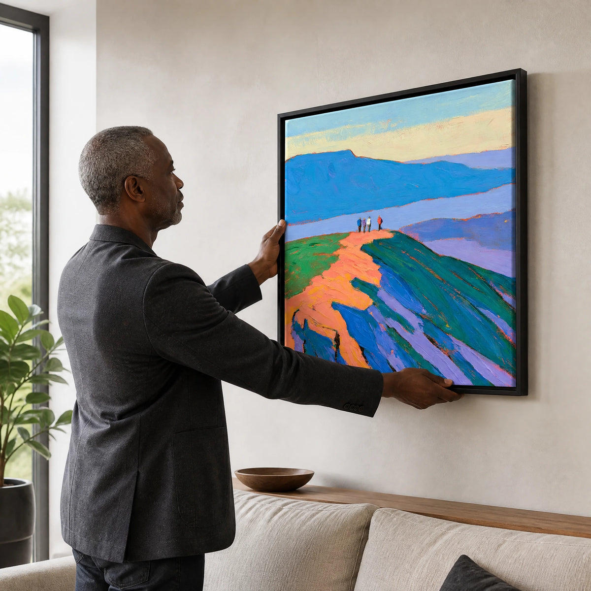 Vibrant Fell Top Hikers — Framed Canvas · Black · 70cm shown in a home interior