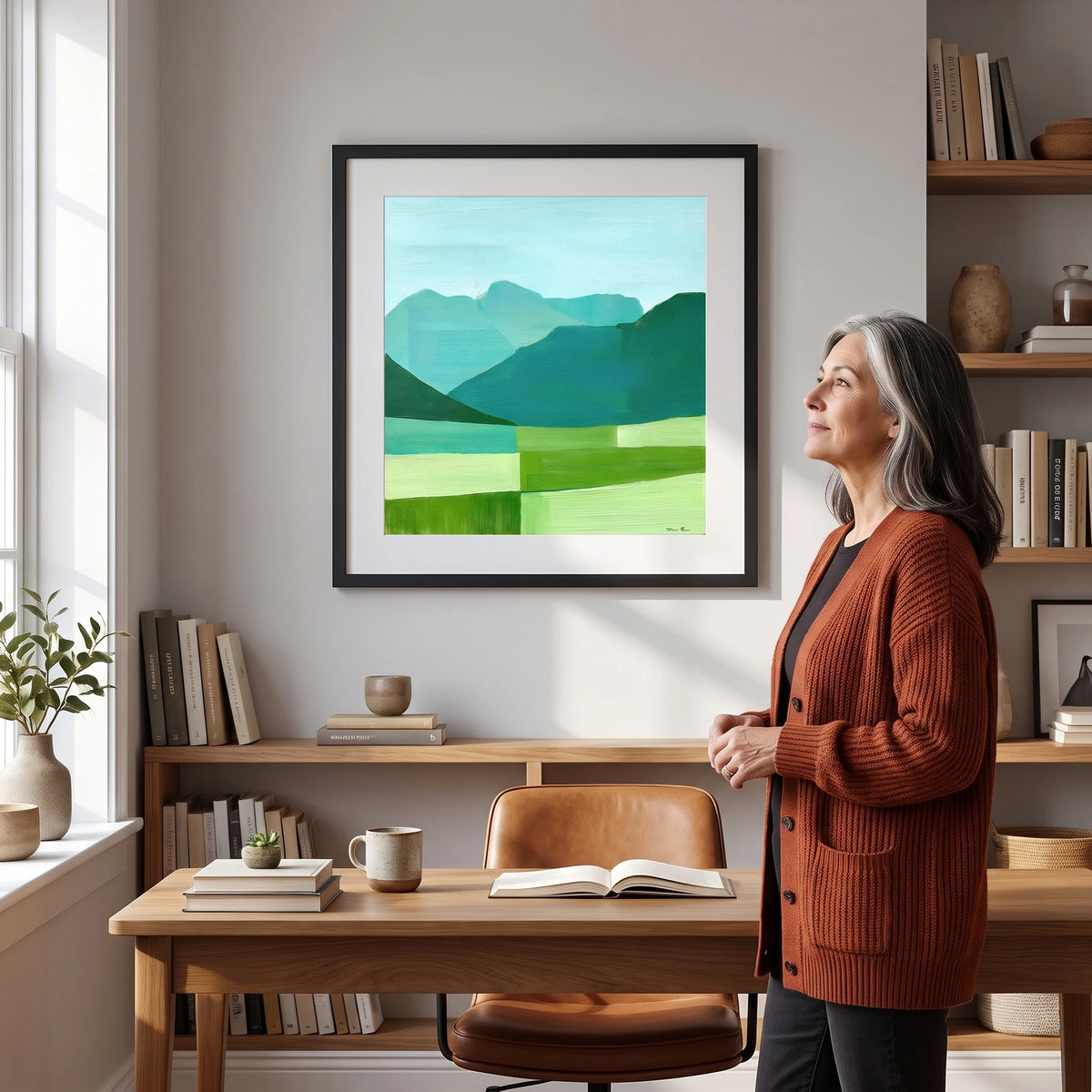 Abstract Teal Langdale Pikes — Framed Print · Black · 70cm shown in a home interior