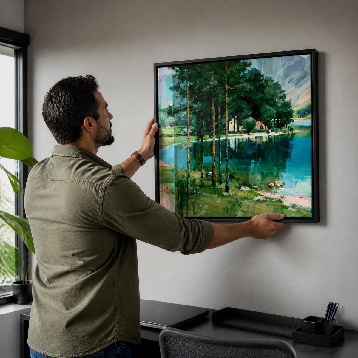 Pine Trees on Buttermere Shoreline — Framed Canvas · Black · 70cm shown in a home interior
