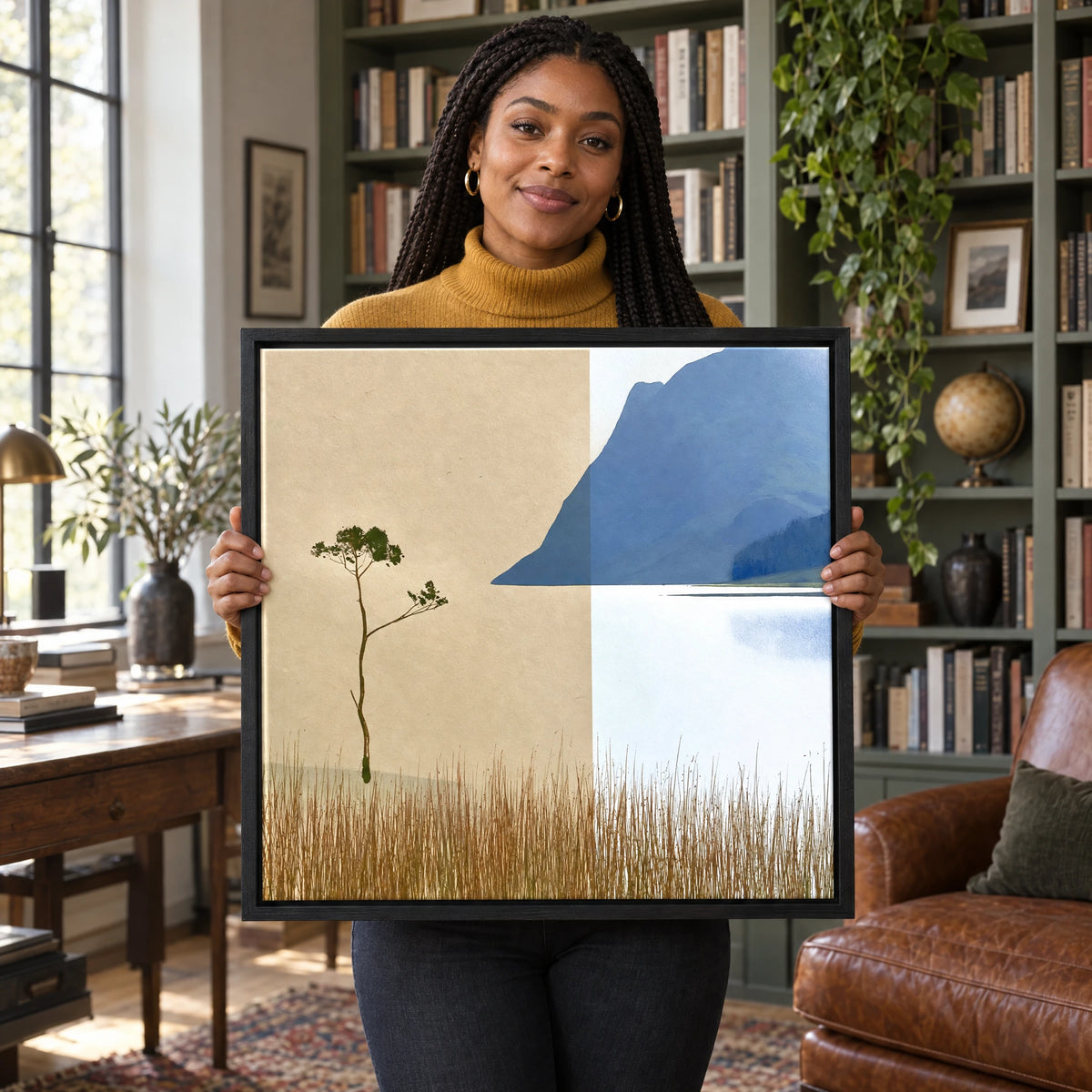 Minimalist Lone Tree at Buttermere — Framed Canvas · Black · 70cm shown in a home interior