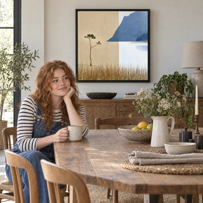 Minimalist Lone Tree at Buttermere — Framed Canvas · Black · 70cm shown in a home interior