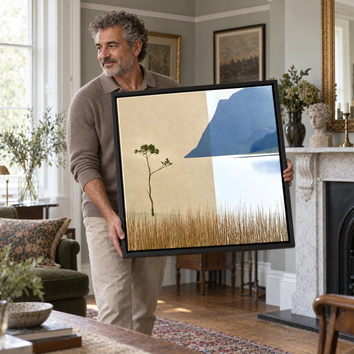 Minimalist Lone Tree at Buttermere — Framed Canvas · Black · 70cm shown in a home interior