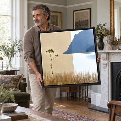 Minimalist Lone Tree at Buttermere — Framed Canvas · Black · 70cm shown in a home interior