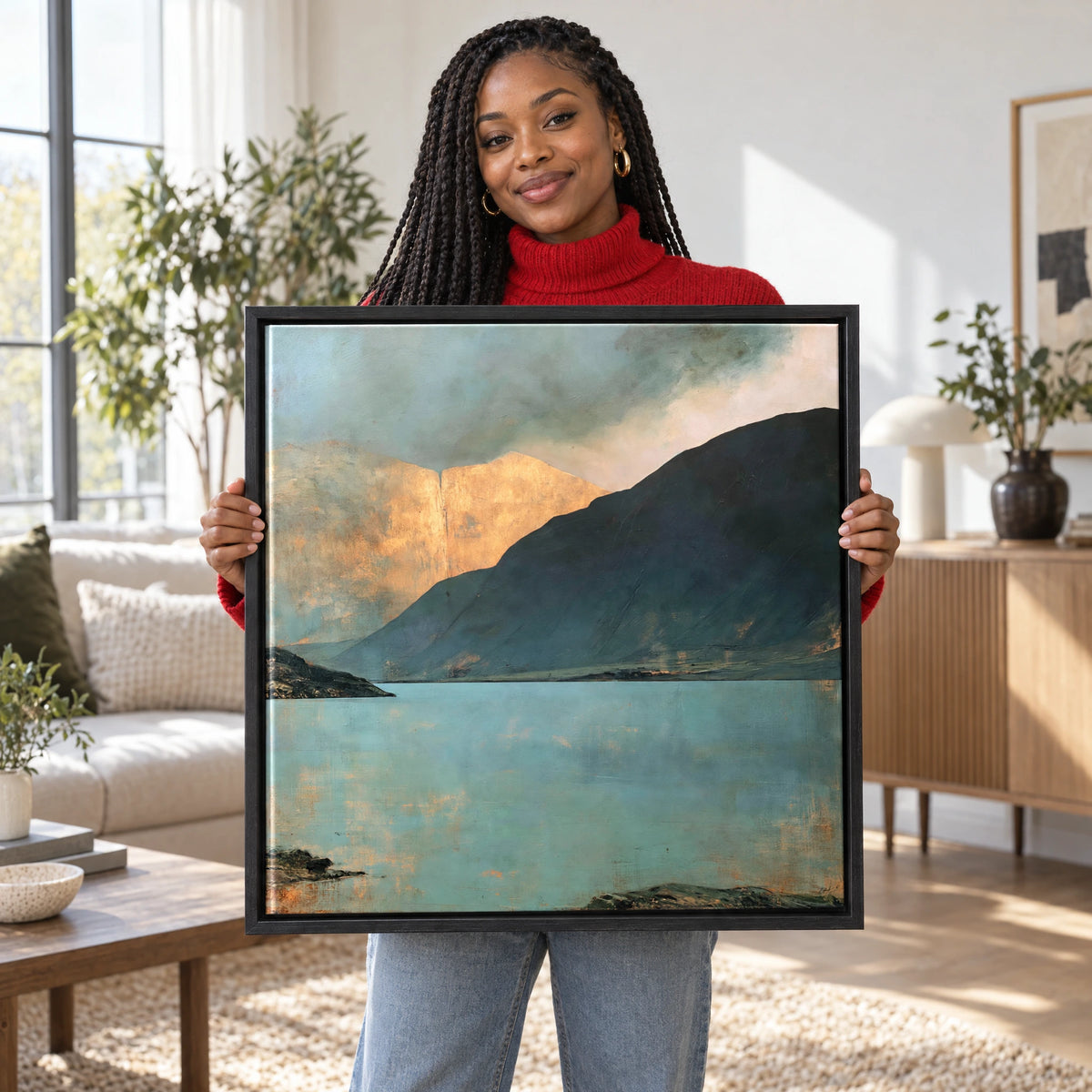 Golden Light On Wastwater Screes — Framed Canvas · Black · 70cm shown in a home interior