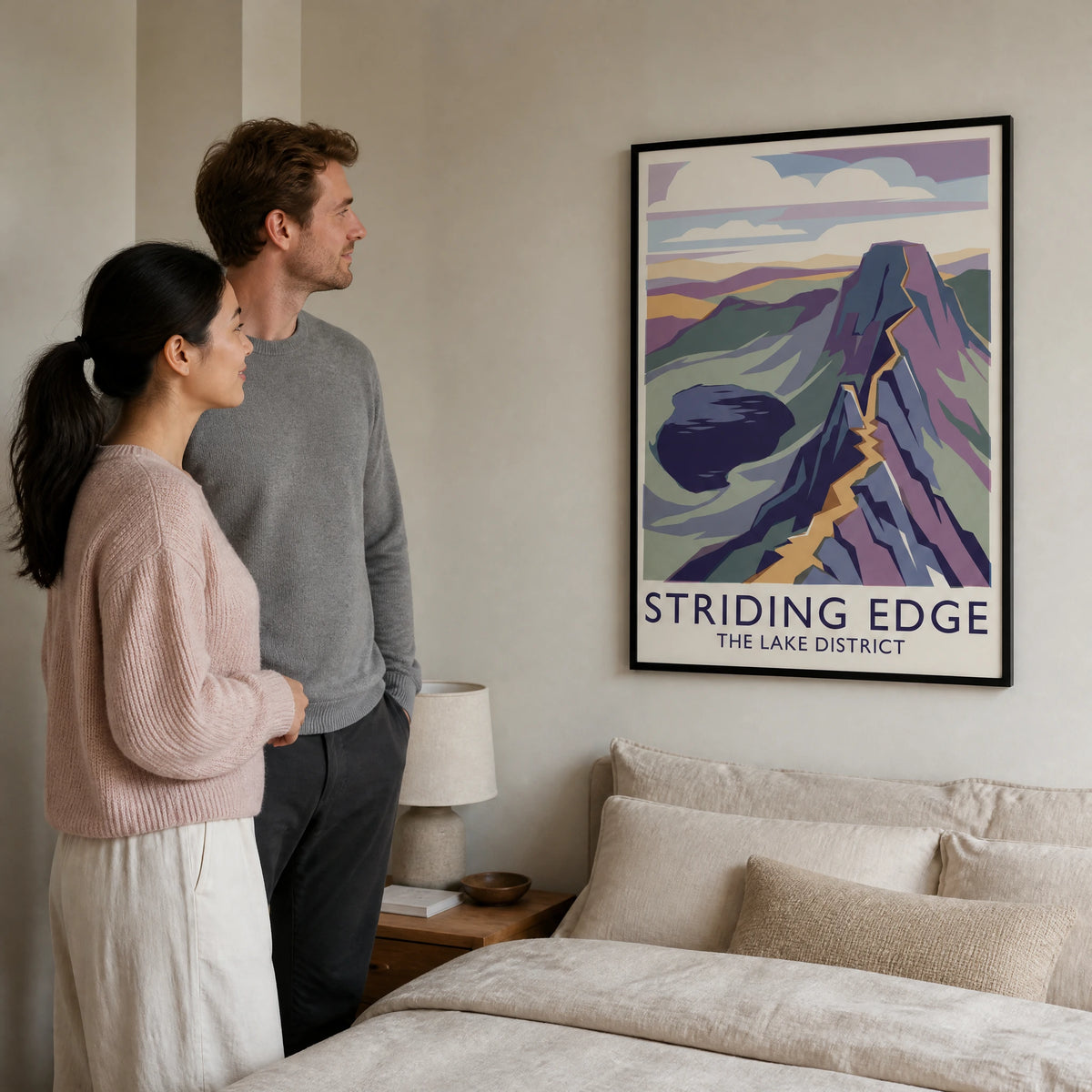 Striding Edge — Railway Screen Print Travel Poster — Framed Poster · Black · 50x70cm shown in a home interior