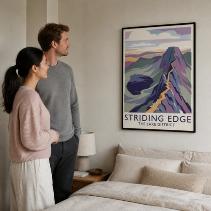 Striding Edge — Railway Screen Print Travel Poster — Framed Poster · Black · 50x70cm shown in a home interior