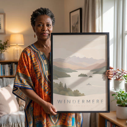 Windermere Pale Peaks and Lake Steamer — Framed Poster · Black · 50x70cm shown in a home interior