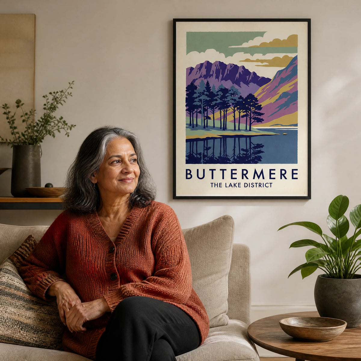 Buttermere — Railway Screen Print Travel Poster — Framed Poster · Black · 45x60cm shown in a home interior