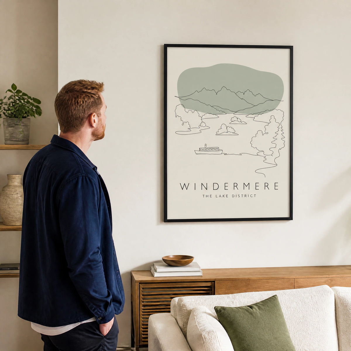 Windermere Line Art with Sage Green Accent — Framed Poster · Black · 50x70cm shown in a home interior