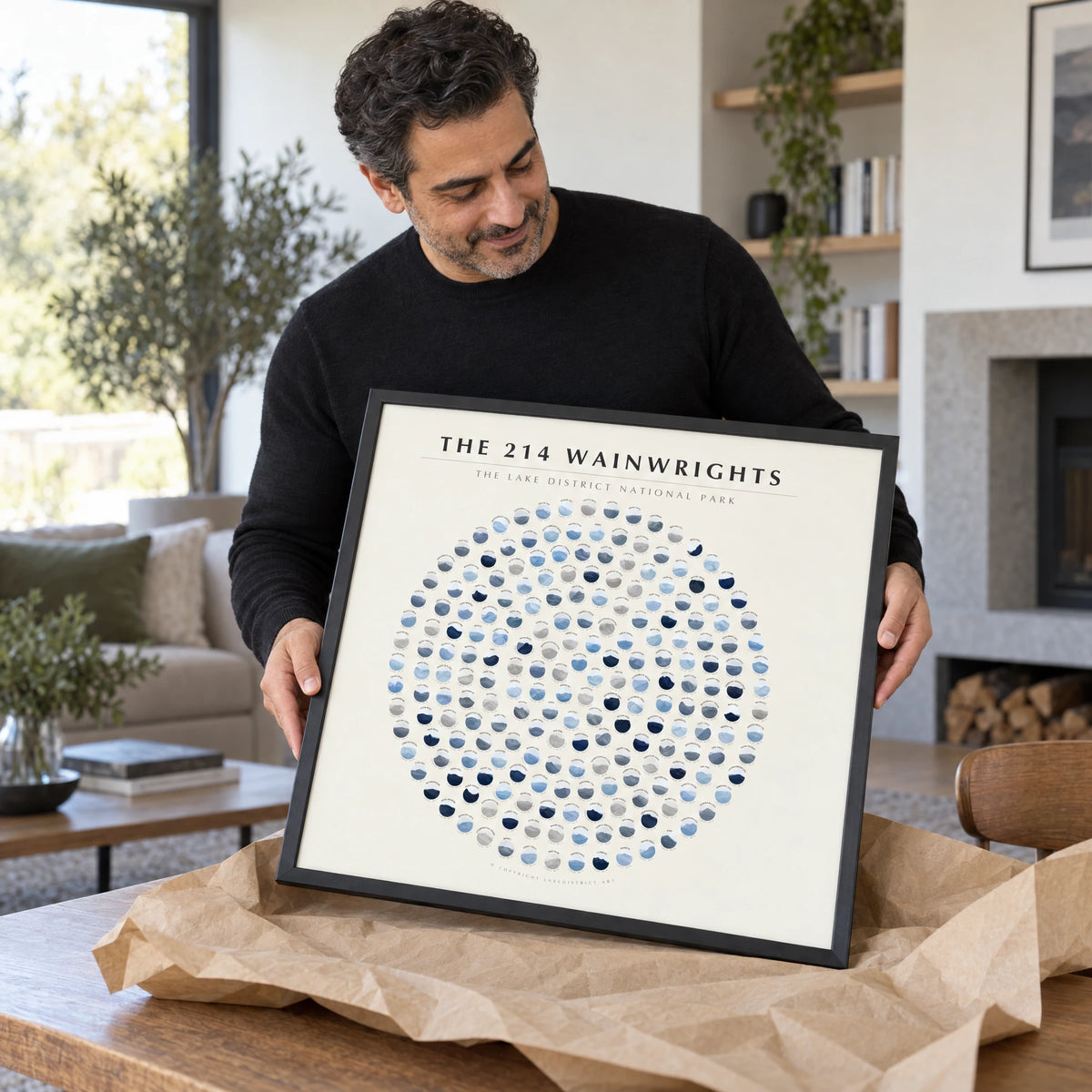 The 214 Wainwrights — Solid Winter Ice Rosette Poster — Wainwright Poster · Black · 60x60cm shown in a home interior