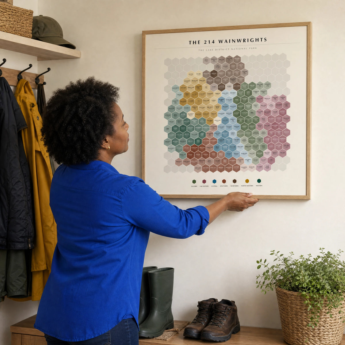 The 214 Wainwrights Hex Map — By Pictorial Guide — Wainwright Poster · Natural · 60x60cm shown in a home interior