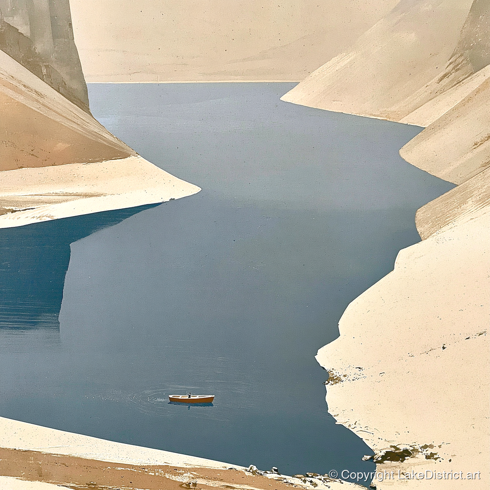 Lone Boat on Deep Blue Lake - lake district lake art print and canvas by Phillip Marbury A.I