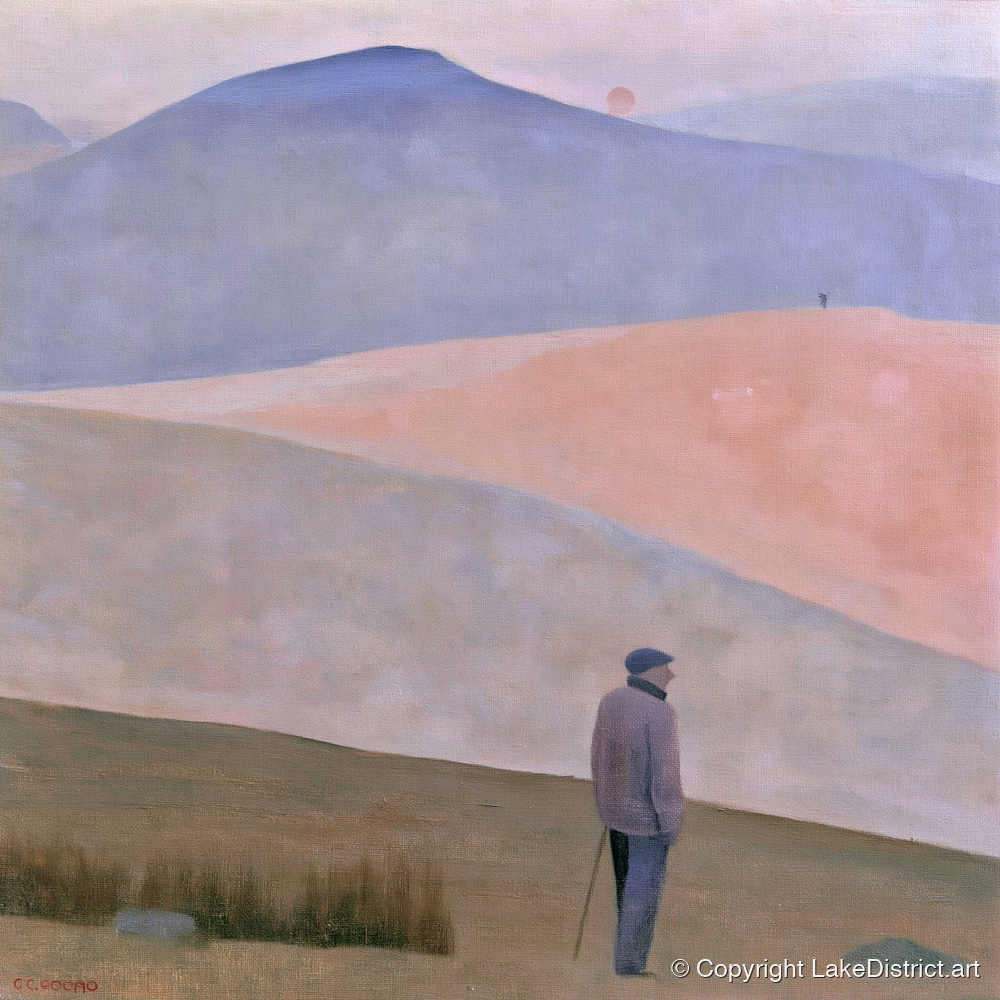 Lone Fell Walker at Dusk - lake district walking art print and canvas by Alistair Thorne A.I