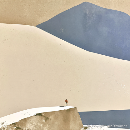 Lone Hiker Against Blue Fells - lake district walking art print and canvas by Phillip Marbury A.I